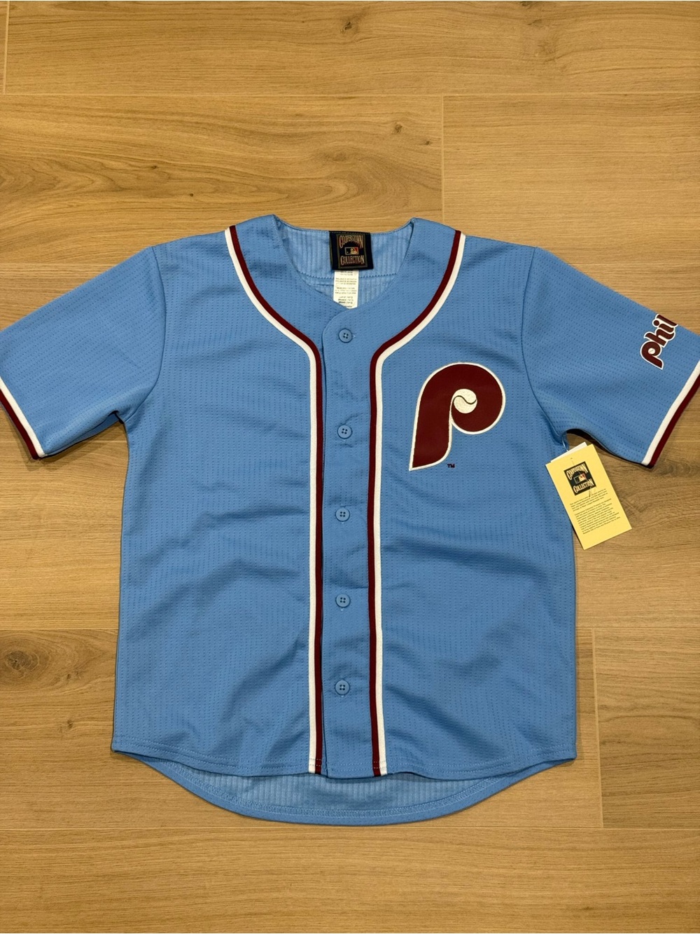 Nike Light Blue Phillies Replica Baseball Jersey with Maroon Trim